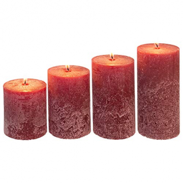 Candelo 4er Set Rustik Kerzen Ambiente Weihnachten - Adventskranz Kerze - Farbe Bordeaux Dunkelrot - 8/10/12/14cm - Stumpenkerze Advent Weihnachtskerze - 3