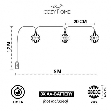 CozyHome marokkanische LED Lichterkette Batterie | 5 Meter Gesamtlänge mit Timer | 20 LEDs warmweiß | Kugeln Orientalisch Silber Lichterkette innen | Zimmer Deko Kugel Lichterketten batteriebetrieben - 4