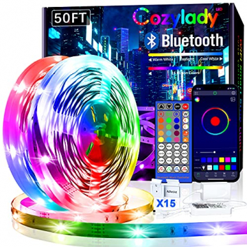 Cozylady Bluetooth LED Strip 15m, Smart APP Steuerbar Musik LED Lichterkette Farbwechsel LED Streifen, 5050 RGB LED Leiste mit Netzteil und Fernbedienung - 1