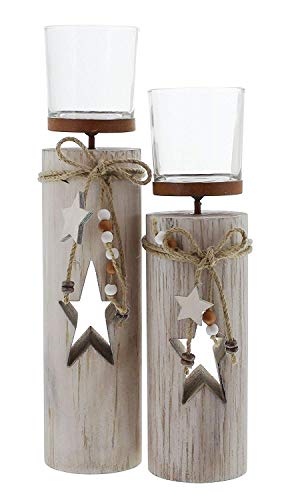 Dekoleidenschaft 2X Windlichtsäule “Stern” aus Holz und Glas, Teelichthalter im Shabby Look, Kerzenständer, Adventsdeko - 2