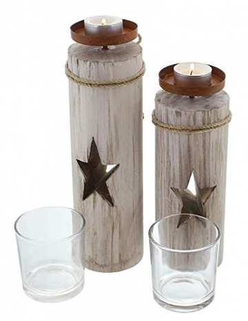 Dekoleidenschaft 2X Windlichtsäule “Stern” aus Holz und Glas, Teelichthalter im Shabby Look, Kerzenständer, Adventsdeko - 3