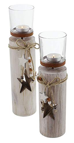 Dekoleidenschaft 2X Windlichtsäule “Stern” aus Holz und Glas, Teelichthalter im Shabby Look, Kerzenständer, Adventsdeko - 4