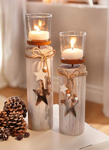 Dekoleidenschaft 2X Windlichtsäule “Stern” aus Holz und Glas, Teelichthalter im Shabby Look, Kerzenständer, Adventsdeko - 1