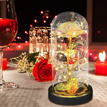 E-MANIS Die Schöne und das Biest Rose,Ewige Rose mit LED-Licht in Glaskuppel auf Holzsockel,Infinity Rose mit Goldfolie im Glas für Hauptdekor,Rose Geschenk für Weihnachten,Valentinstag,Muttertag - 5