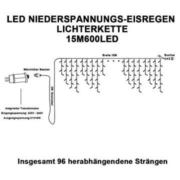 Eisregen Lichterkette Außen 600er LED 15m, LED Lichtervorhang mit Timer, IP44 wasserdicht 8 Modi für Innenausstattung Außenbereich Schlafzimmer Hochzeit Weihnachten Party (Warmweiß) - 7