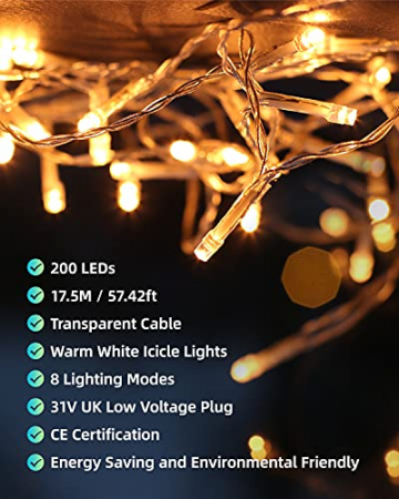 Eisregen Lichterkette Außen, LIGHTNUM 7.5M 200 LED Lichterkette Strom Warmweiß mit Stecker, Wasserdicht Eiszapfen Weihnachtsbeleuchtung, 8 Modi,Lichtervorhang Aussen für Fenster,Traufe,Vorbau,Geländer - 6
