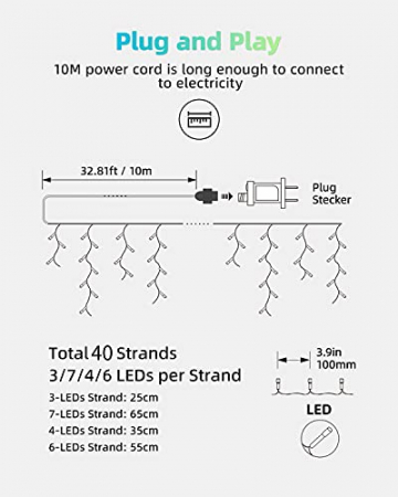 Eisregen Lichterkette Außen, LIGHTNUM 7.5M 200 LED Lichterkette Strom Warmweiß mit Stecker, Wasserdicht Eiszapfen Weihnachtsbeleuchtung, 8 Modi,Lichtervorhang Aussen für Fenster,Traufe,Vorbau,Geländer - 7