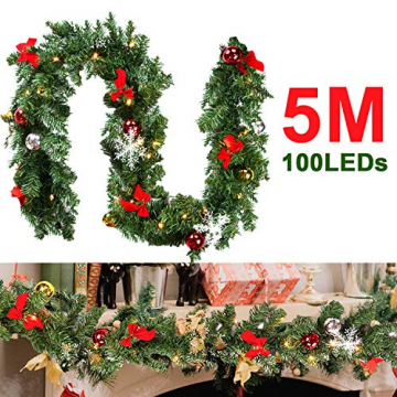 Faziango Weihnachtsgirlande 5m, Tannengirlande mit 100 LED warmweiß inkl. Deko, Künstliche Girlande Weihnachtsdeko für Weihnachten, Treppen, Kamine, Grün - 2