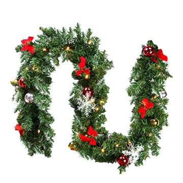 Faziango Weihnachtsgirlande 5m, Tannengirlande mit 100 LED warmweiß inkl. Deko, Künstliche Girlande Weihnachtsdeko für Weihnachten, Treppen, Kamine, Grün - 1