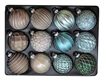 G&M 12er Set edle Christbaum-/Weihnachtskugeln aus Glas Ø 8 cm (Blau, Grün, Beige, Braun, Silber, Glitzer) - 1