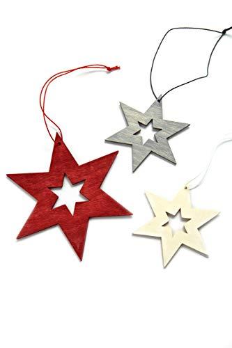 HEITMANN DECO Christbaumschmuck aus Holz - Sterne zum Aufhängen - Weihnachtsbaumschmuck Weihnachtsdeko - 24-teilig Rot, Grau, Natur - 3