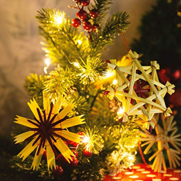 Herefun 24 Weihnachtsbaumschmuck aus Stroh Set es Gibt Sechs Arten von Grafiken, Strohsterne für den Weihnachtsbaum, Stroh Baumbehang mit Roten Akzenten Christbaum Anhänger Strohsterne Baumschmuck - 5