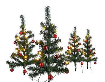 HI 4er Set Mini Weihnachtsbäume beleuchtet mit 40 warmweißen LEDs dekoriert mit 24 Baumkugeln grün künstliche Weihnachtsbäume für Innen- und Außengebrauch Tannenbäume Christbaum 63x49 cm - 1
