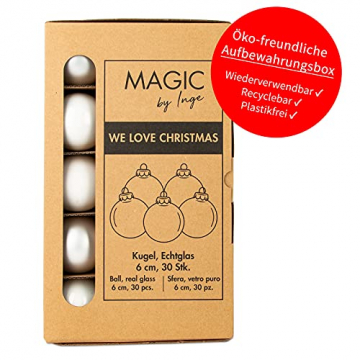 IngeGlas 30 Christbaumkugeln aus Glas - Durchmesser Ø 6,0 cm - Weihnachtskugeln für Tannenbaum - inkl. 100 Aufhänger (Just White - weiß matt / glänzend) - 3