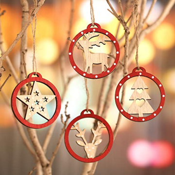 KOHMUI Christbaumschmuck Holz Set, Weihnachtsdeko Anhänger, Weihnachtsdekoration Baumschmuck zum Hängen, 24 Christbaum Hirschkopf Rentier Stern Weihnachtssnhänger mit 18 Frohe Weihnachten Aufkleber - 6