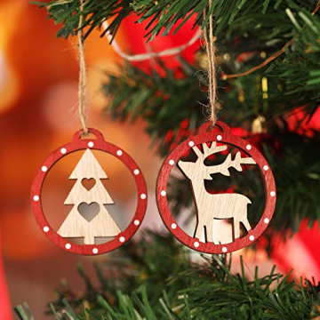 KOHMUI Christbaumschmuck Holz Set, Weihnachtsdeko Anhänger, Weihnachtsdekoration Baumschmuck zum Hängen, 24 Christbaum Hirschkopf Rentier Stern Weihnachtssnhänger mit 18 Frohe Weihnachten Aufkleber - 8