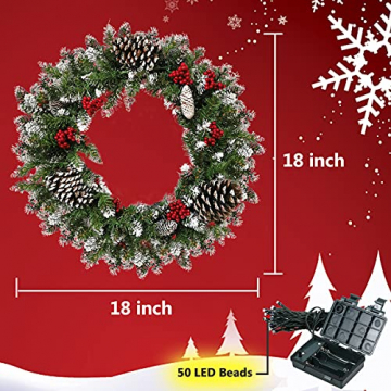 Kranz Weihnachten, Weihnachtskranz für Tür Vorbeleuchtet Künstlich Weihnachtsdeko mit 50 LEDs Licht Batteriebetrieb Schneeflocke Pinocone Red Berry(45CM/18Zoll) - 4