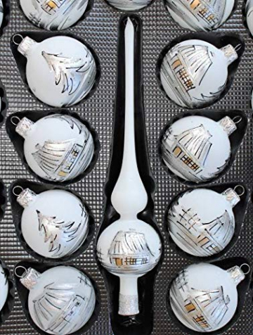 Lauscha 40er Christbaumschmuck, Weihnachtsbaumkugel Weiß mit Haus in Silber, 38 Kugel+Spitze+Aufhänger, Handarbeit - 4