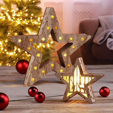 LED Deko Holz Stern im 2er Set mit 16 LED - 33,5 x 33,5 x 6 cm - Weihnachtsstern beleuchtet Tischdeko Fensterdeko - 2