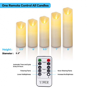LED Kerzen,Flammenlose Kerzen 12/15/17/20/22CM Set aus 5 Echtwachs mit realistischen tanzenden LED Flammen und 10-Tasten Fernbedienung mit 2/4/6/8-Stunden Timer,300+ Stunden-YIWER (Elfenbein, 5×1) - 5