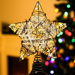 Lewondr Christbaumspitze, Glitzernder Weihnachtsbaum Topper, Rattan und Bändern Umwickelte Stern Zauberei Weihnachtsbaumspitze Weihnachten Dekoration LED Dekorativ Licht Batteriebetrieb 30cm - Silber - 1