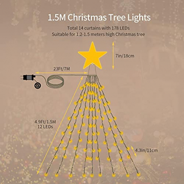 Lichterkette Außen Innen 1.5M x 14 Vorhänge mit LED Sterne, 178 LEDs Lichterkette Weihnachtsbaum, 8 Leuchtmodis, IP44 Wasserdicht Lichterkette Strom Mit Stecker für Weihnachten/Party Deko, Warmweiß - 6