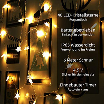 Lichterkette LED Lichterkette Sterne Batterie 6M 40LED Sterne Warmweiß Lichterkette mit Fernbedienung 8 Modi Wasserdicht Außen Innen Weihnachten Lichterketten für Zimmer Party Garten DIY Deko Metaku - 2