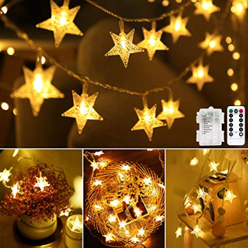 Lichterkette LED Lichterkette Sterne Batterie 6M 40LED Sterne Warmweiß Lichterkette mit Fernbedienung 8 Modi Wasserdicht Außen Innen Weihnachten Lichterketten für Zimmer Party Garten DIY Deko Metaku - 1