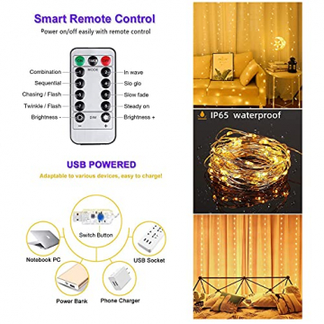 Lichtervorhang 3x3m LED, Lichterketten vorhang mit 8 Modi, 300LEDs , verstellbare Helligkeit, Außen-/Innenbereich, IP65 Wasserdicht Deko für Partydekoration, Weihnachten, Innenbeleuchtung (warmweiß) - 4