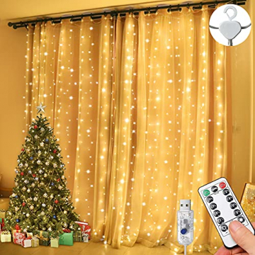 Lichtervorhang 3x3m LED, Lichterketten vorhang mit 8 Modi, 300LEDs , verstellbare Helligkeit, Außen-/Innenbereich, IP65 Wasserdicht Deko für Partydekoration, Weihnachten, Innenbeleuchtung (warmweiß) - 1