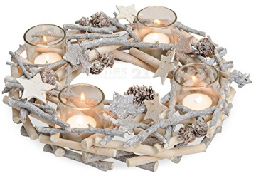 matches21 Adventskranz aus Holz mit Gläsern als Teelichthalter & rustikaler dekoriert mit Ästen weiß ca. Ø 30x9 cm - 1
