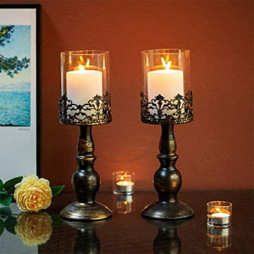 NUPTIO 2 Stück Vintage Kerzenhalter für Tische Kerzenhalter aus Schwarzer Säule mit Glasschirmabdeckung, Antike Hurrikan-Kerzenhalter-Anzeige für Die Hochzeitsdekoration Bei Kerzenlicht Zu Hause - 2