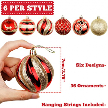 OurWarm 36 Stück Weihnachtskugeln Kunststoff Set 7 cm Große Rot und Gold Bruchsichere Christbaumkugeln mit Aufhänger für Christbaumschmuck & Weihnachten Deko - 2