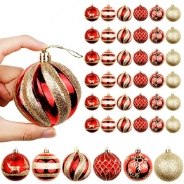 OurWarm 36 Stück Weihnachtskugeln Kunststoff Set 7 cm Große Rot und Gold Bruchsichere Christbaumkugeln mit Aufhänger für Christbaumschmuck & Weihnachten Deko - 1