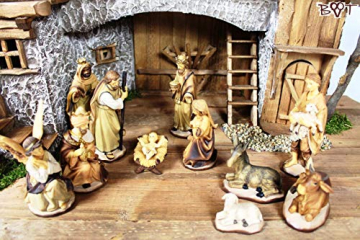 PREMIUM Krippenfiguren 12er SET handbemalt/GEBEIZT in edler Echtholz - Optik für Holz Weihnachtskrippe Zubehör, komplett MIT HOLZBOX KFK-Box - saubere Gesichtszüge, feine Mimik, handbemalte - 1