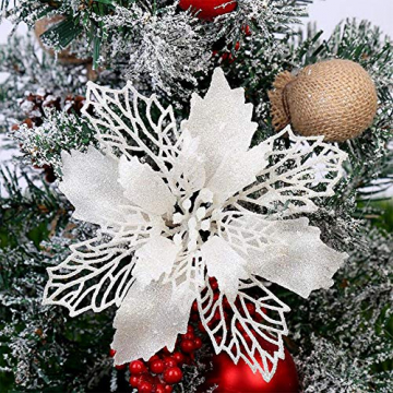 Queta 12 Stück Christmas Glitter Poinsettia Weihnachtsbaum Ornament Weihnachtsblumen künstliche Blumen Christbaumschmuck Weihnachten Hochzeit Kränze Dekoration 16cm (Weiß) - 1