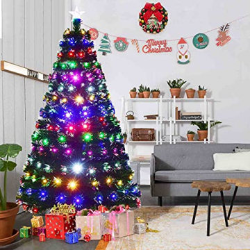 RELAX4LIFE 150/180/210cm Künstlicher Weihnachtsbaum, Tannenbaum mit LED-Leuchten & Glasfasern (8 Beleuchtungsmodi & 6 Farben), Christbaum mit Metallständer & Sternspitze, Christbaum grün (180cm) - 2