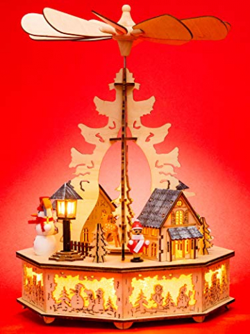 Sikora P33 LED Holz Weihnachtspyramide mit elektrischem Antrieb und Beleuchtung, Farbe/Modell:Motiv Laterne Schneemann Kind Häuser - 1