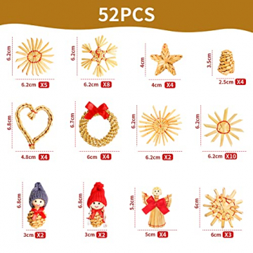 Strohsterne Weihnachtsbaum, 52 Stück Weihnachtlicher Baumschmuck Stroh Anhänger Strohstern, Christbaum Schmuck Strohanhänger natürlicher Christbaumanhänger Weihnachtsdeko - 2