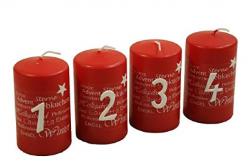 Tolle Adventskerzen mit Zahlen & Motiven - Höhe 10cm / Ø 6cm - Weihnachtliche Kranzkerzen/Stumpenkerzen - Adventskranz/Weihnachtskranz/Weihnachtskerzen/Kerzen Weihnachten (Rot) - 1