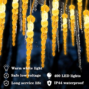 Uping 400 LED Lichtervorhang für innen und außen, Wasserdichte Eiszapfen Lichterketten, Gartenlichterkette für Patio, Garten, Rasen, Partei, Haus, Feiertagsdekoration (Warmweiß) - 5