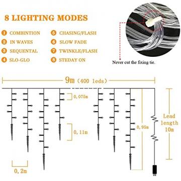 Uping 400 LED Lichtervorhang für innen und außen, Wasserdichte Eiszapfen Lichterketten, Gartenlichterkette für Patio, Garten, Rasen, Partei, Haus, Feiertagsdekoration (Warmweiß) - 6