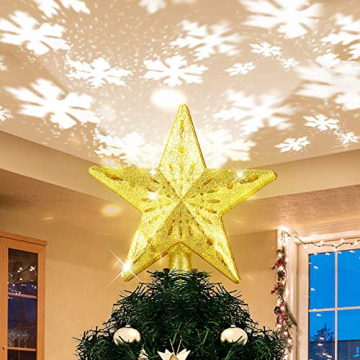 Weihnachtsbaumspitze Stern mit LED Projektion von dynamischen Schneeflocke Lichteffekte, goldene Glitter Christbaumspitze Weihnachtsbaumdeko, Netzteilbetriebene Tannenbaumspitze Weihnachtsbaumschmuck - 1