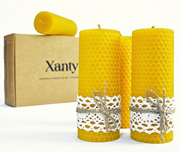 Xanty Bienenwachskerzen, 4 Große goldene Kerzen aus 100% Bienenwachs, Wabenkerzen, Stumpenkerzen, 10 Stunden/Kerze Brenndauer, Gold-Gelb Adventskerzen - 1