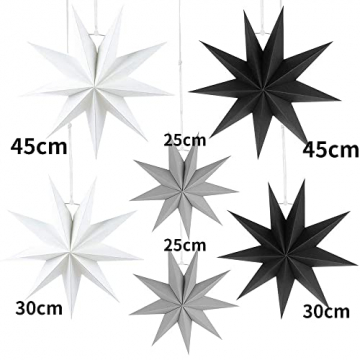 HBSTK 6 x Faltstern Weihnachten Papiersterne 9 Zacken Faltsterne Sterne Papier 3D Sterne zur Dekoration von Fenster Weihnachtsbaum Advent 2 x Φ45 cm, 2 x Φ30 cm, 2 x Φ25 cm (Schwarz, Weiß, Grau) - 2