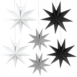 HBSTK 6 x Faltstern Weihnachten Papiersterne 9 Zacken Faltsterne Sterne Papier 3D Sterne zur Dekoration von Fenster Weihnachtsbaum Advent 2 x Φ45 cm, 2 x Φ30 cm, 2 x Φ25 cm (Schwarz, Weiß, Grau) - 1