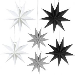 HBSTK 6 x Faltstern Weihnachten Papiersterne 9 Zacken Faltsterne Sterne Papier 3D Sterne zur Dekoration von Fenster Weihnachtsbaum Advent 2 x Φ45 cm, 2 x Φ30 cm, 2 x Φ25 cm (Schwarz, Weiß, Grau) - 1