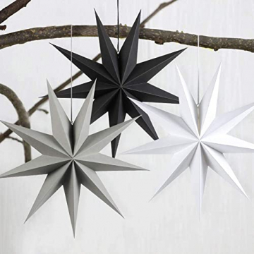 HBSTK 6 x Faltstern Weihnachten Papiersterne 9 Zacken Faltsterne Sterne Papier 3D Sterne zur Dekoration von Fenster Weihnachtsbaum Advent 2 x Φ45 cm, 2 x Φ30 cm, 2 x Φ25 cm (Schwarz, Weiß, Grau) - 4
