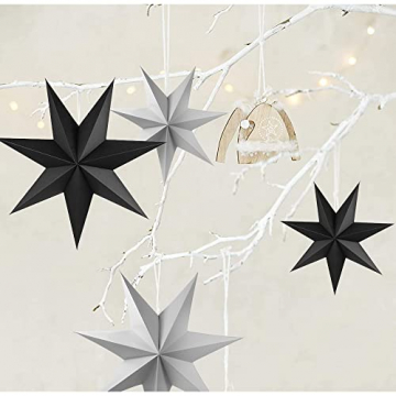 KKSJK Papiersterne Weihnachten 5 Stück, Faltsterne Dekoration, 3 Faltstern Schwarz + 2 Faltstern Grau, 7 Zacken Papier Stern Weihnachtsstern Deko, zum Hochzeiten, Partys, Weihnachtsbaum - 5