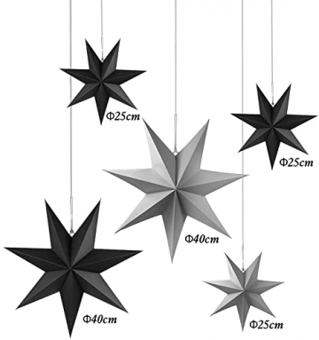 KKSJK Papiersterne Weihnachten 5 Stück, Faltsterne Dekoration, 3 Faltstern Schwarz + 2 Faltstern Grau, 7 Zacken Papier Stern Weihnachtsstern Deko, zum Hochzeiten, Partys, Weihnachtsbaum - 7